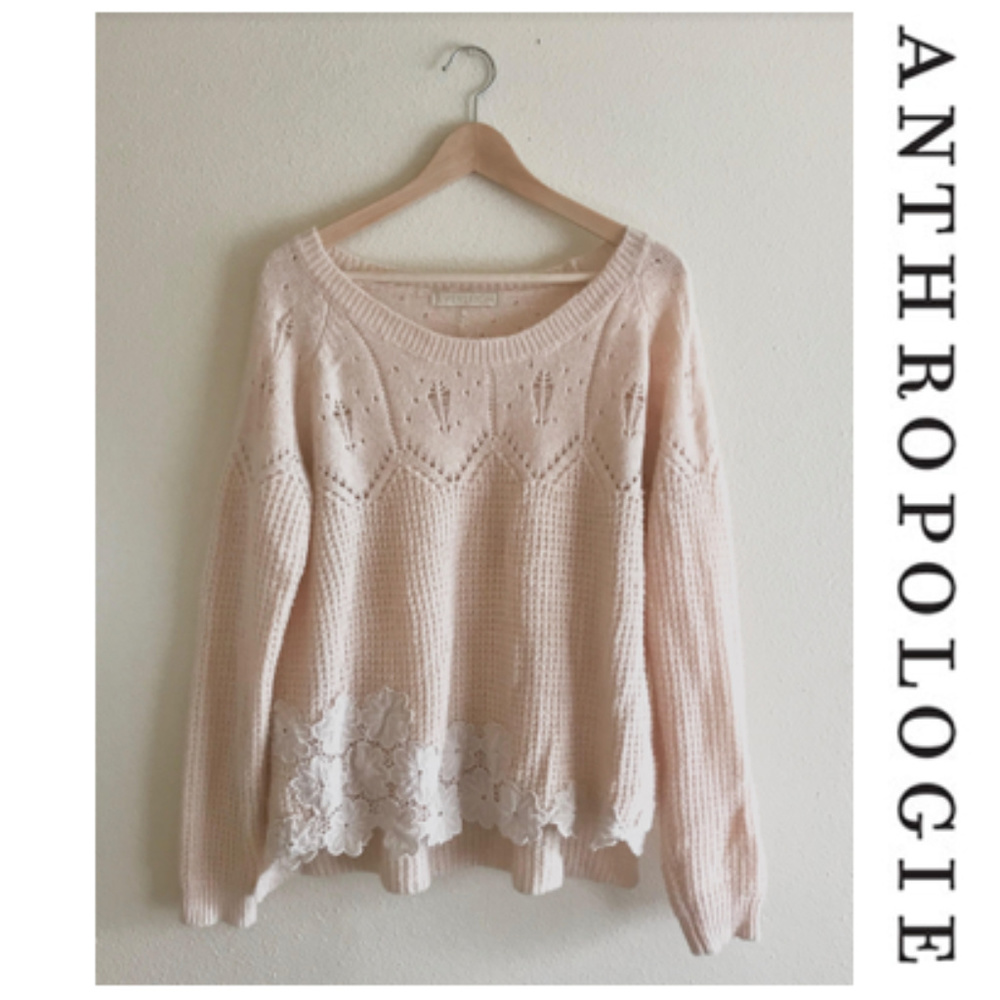 Everleigh Anthropologie Aspen Blush Lace Knit Pull